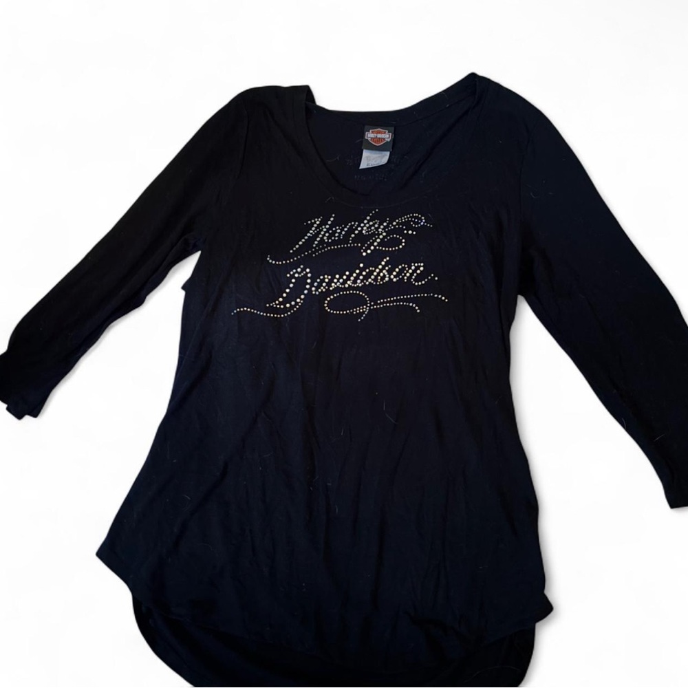 Harley-Davidson Black Rhinestone Script Long Sleeve Top